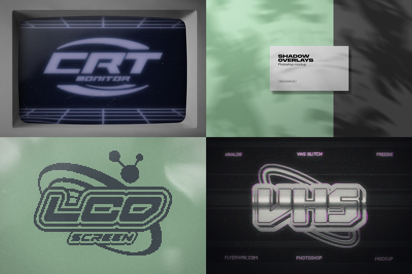 CRT screen effects and shadow overlay mockups included in Flyerwrk Freebies Vault for digital design
