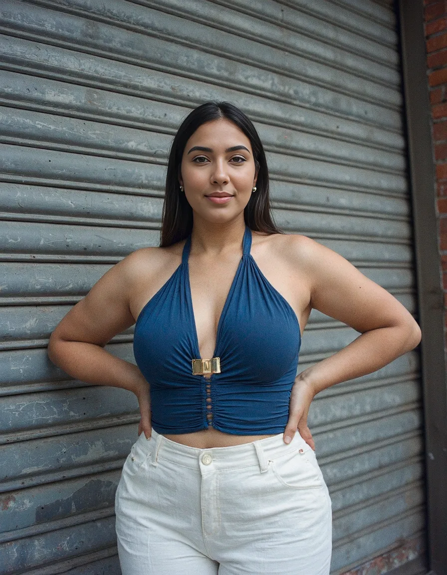Fashion portrait showcasing blue halter top with gold detail and white pants against industrial metal backdrop, highlighting urban street style