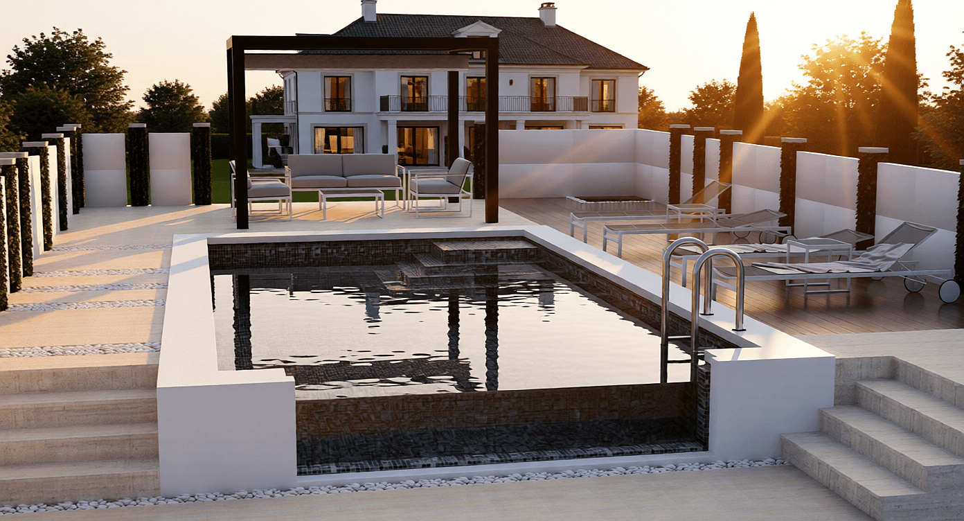 Photoreal poolside render of the same project after design development