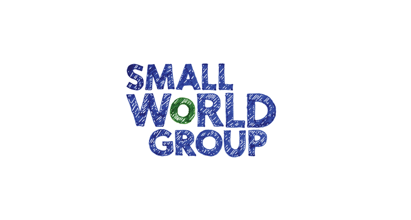 A blue and green text logo that says: Small World Group.