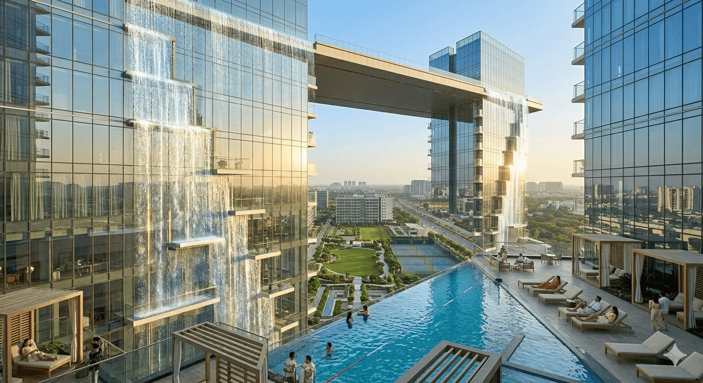 Iconic glass architecture featuring cascading waterfall design at luxury towers in Sector 62, Gurugram