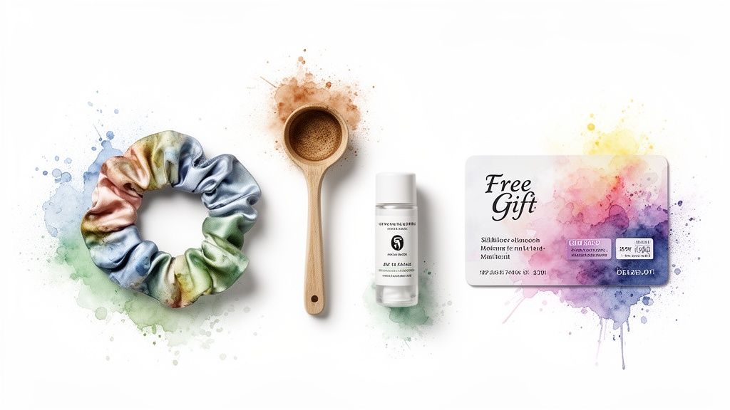 A vibrant flat lay featuring a colorful scrunchie, wooden spoon, small bottle, and a 'Free Gift' card.