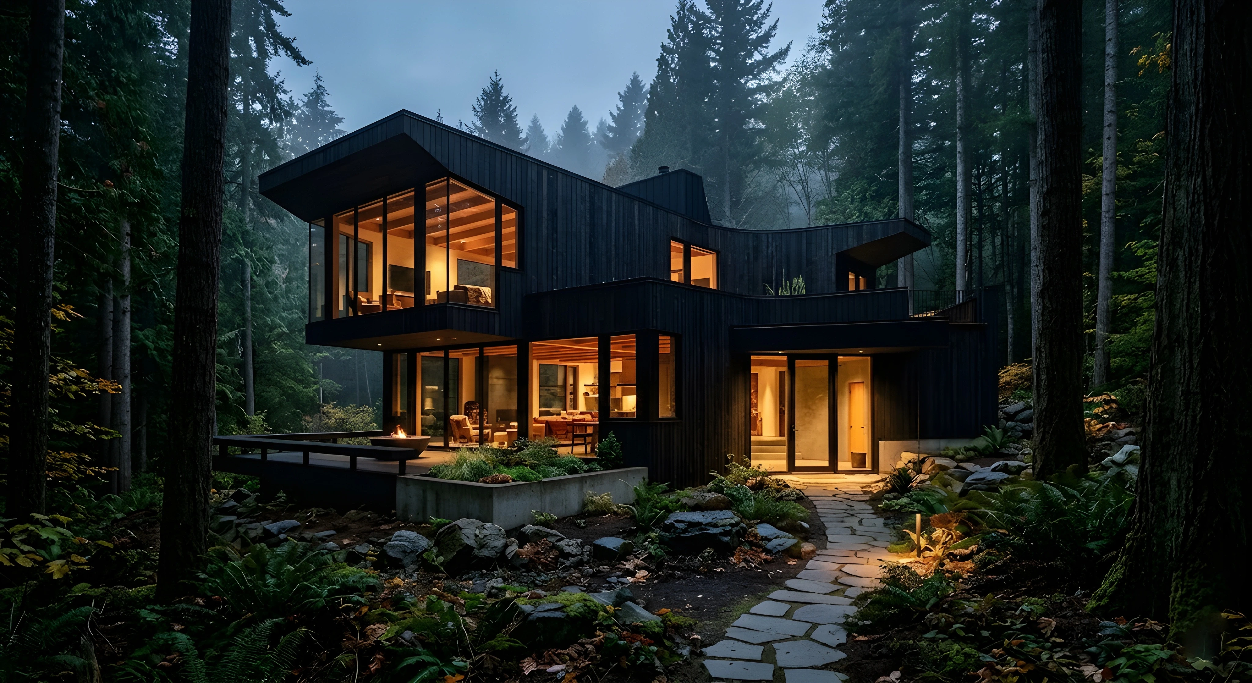 An exterior twilight shot of a striking multi-level house with dark vertical wood siding nestled in a dense, misty evergreen forest. Warm interior lights glow through expansive glass windows, and a flagstone path leads toward the entrance past lush ferns and a small patio with an outdoor fire pit.
