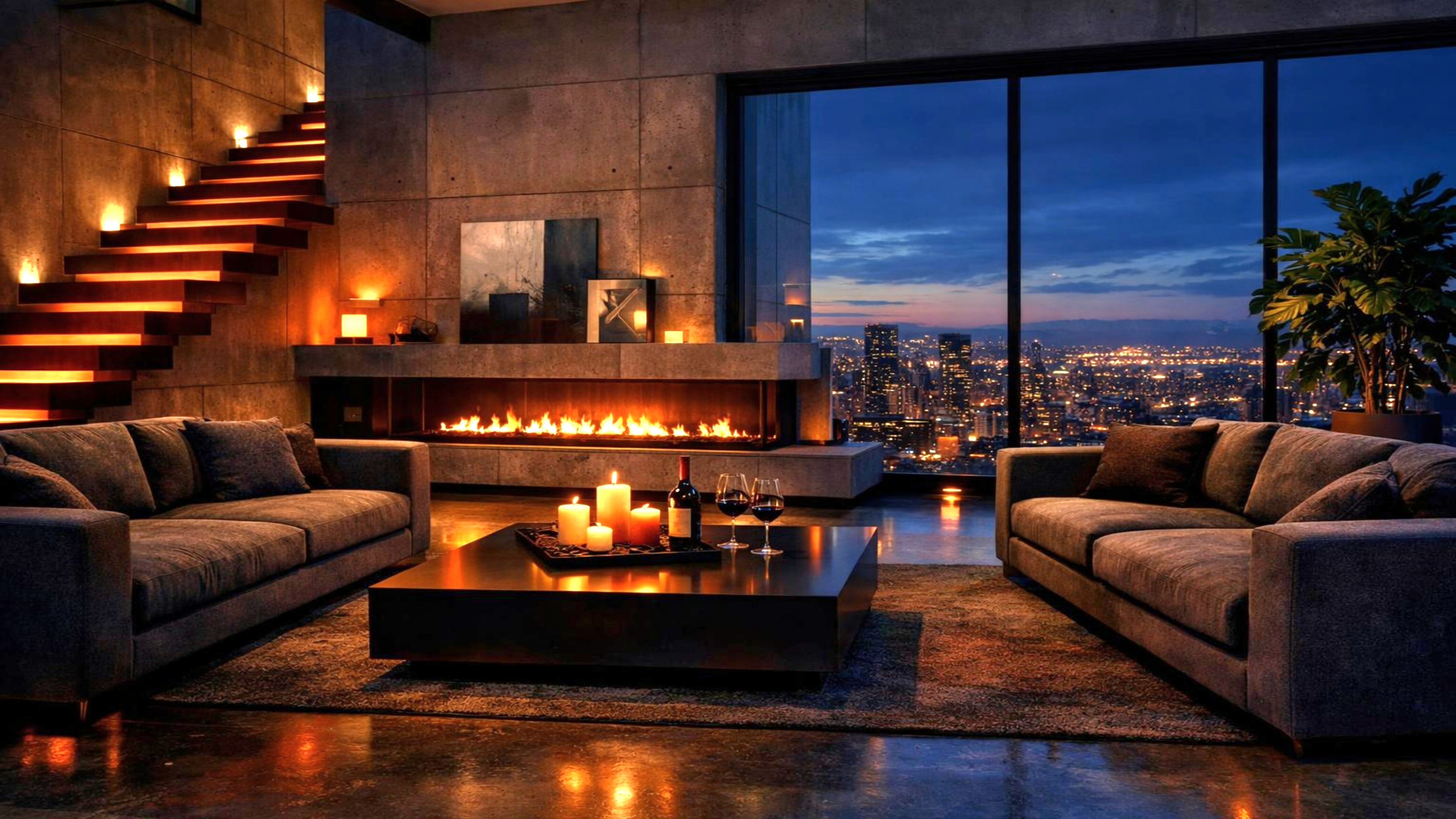 A cozy living room with a fireplace, plush sofas, and a city skyline view at dusk, featuring ambient lighting.
