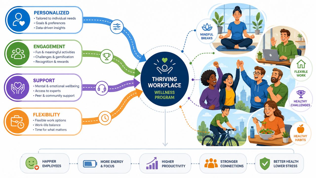 A colorful infographic showing the components and benefits of a thriving workplace employee wellness program.
