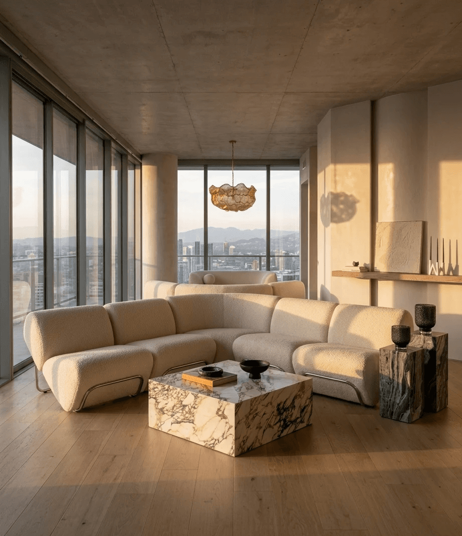 Terracotta wall interior with wooden architectural elements and dramatic natural light.