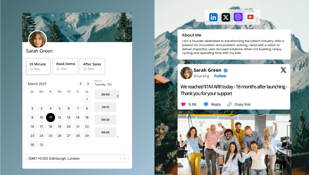 Warmcal personalized booking page with X post, image, and branded visuals to warm up leads‍