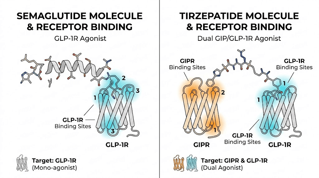 Semaglutide versus tirzepatide receptor binding comparison diagram