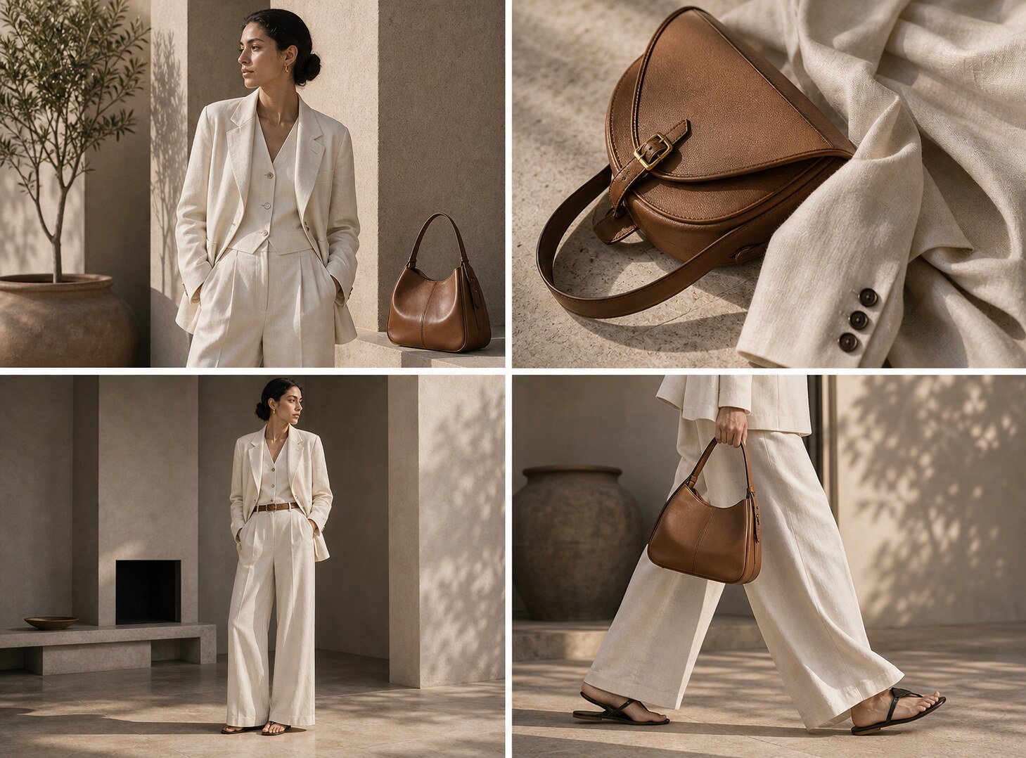 Linen tailoring and leather accessories shown as a finished fashion capsule lookbook sequence.