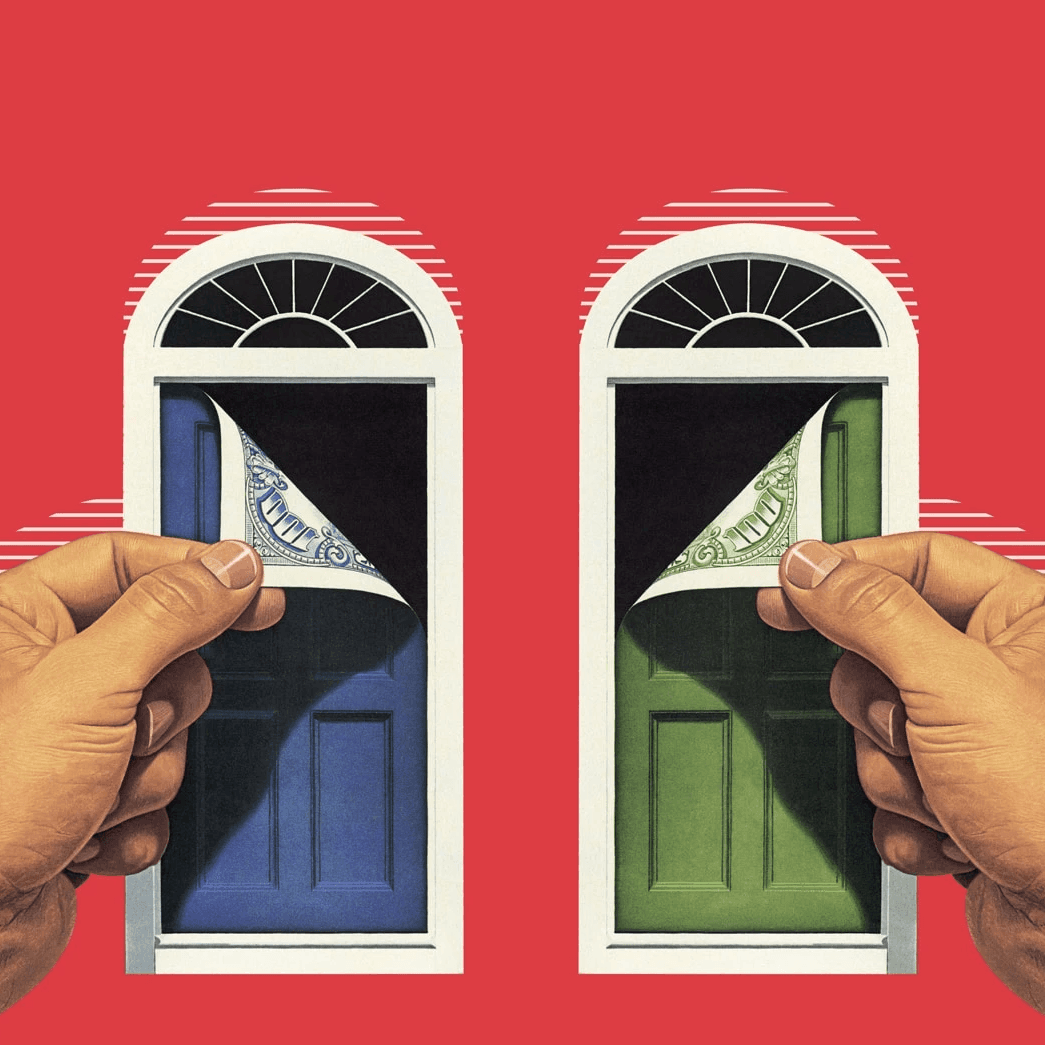 Puertas azules y verdes con billetes de dólar en fondo rojo, manos descubriéndolas.