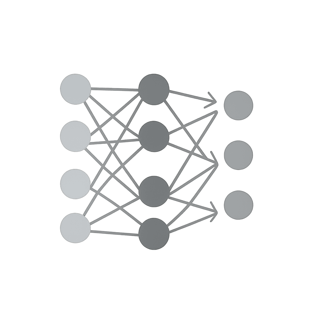 Grafik eines künstlichen neuronalen Netzwerks mit drei Ebenen grauer Knoten, verbunden durch Linien mit Pfeilen. Die Darstellung zeigt einen schematischen Datenfluss von Eingaben zu Ausgaben.