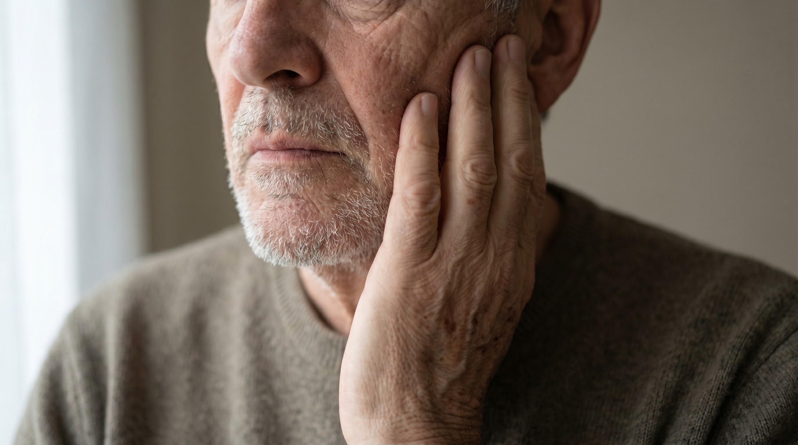 Older adult gently touching cheek near jaw, noticing a sensation around the gum area