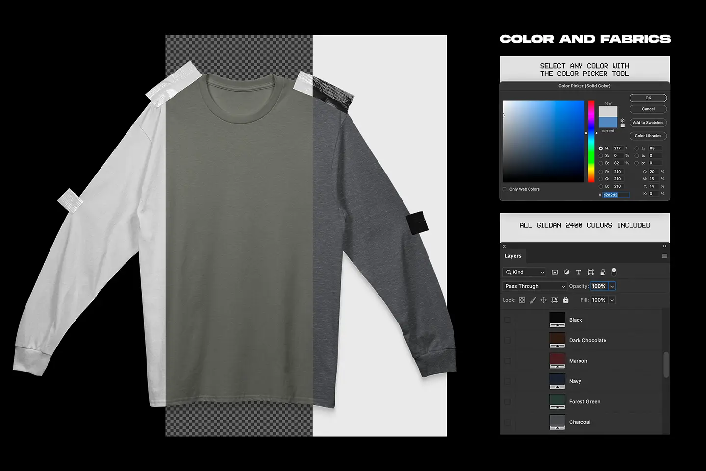 Gildan 2400 long sleeve taped mockup fabric color options with Photoshop controls
