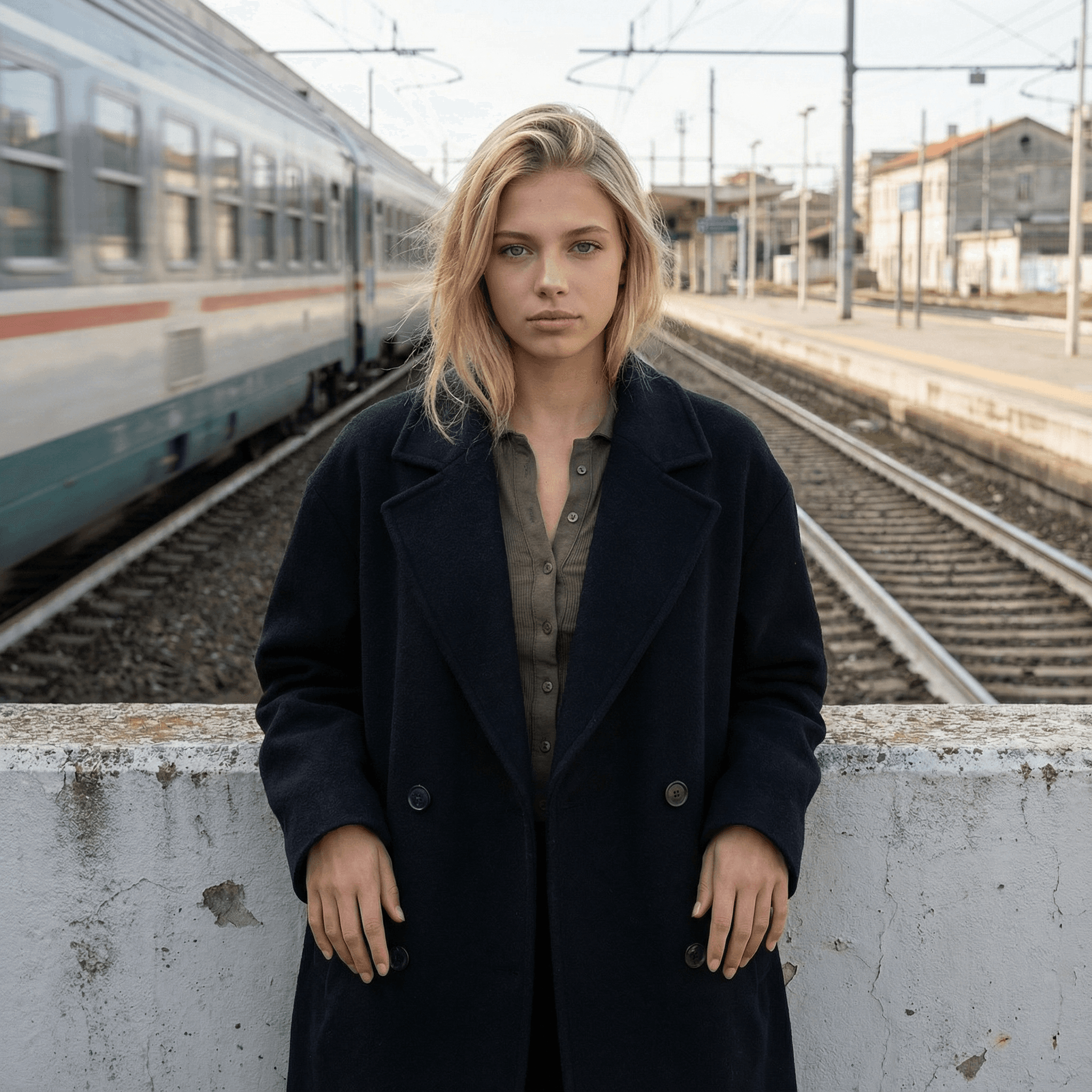 KI-Model mit natürlichem Make-up lächelt dezent vor beige Hintergrund, weiche Lichtführung betont Haut, Eleganz und minimalistischen Beauty-Look