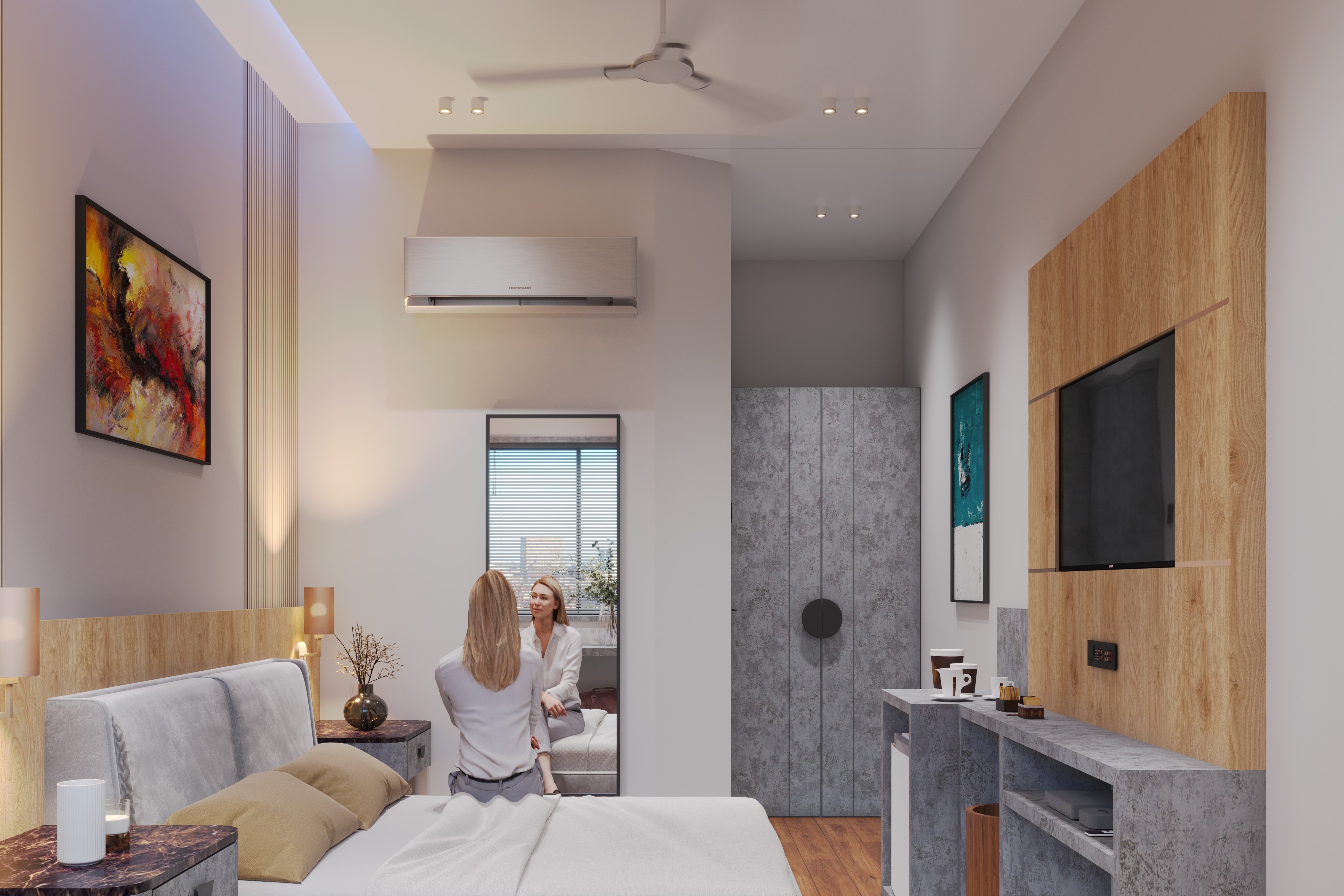 Angled bedroom visualisation with bedside lighting, ceiling-edge illumination, artwork, mirror and wall-mounted TV