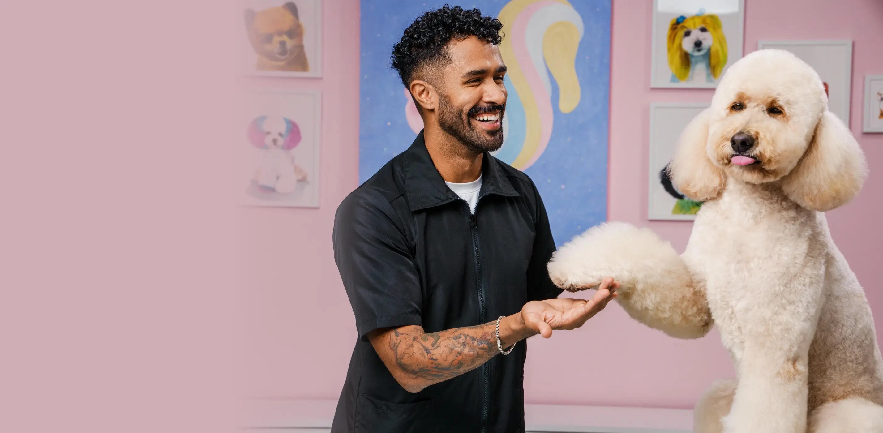 Colorful grooming salon interior with orange and magenta walls to convey creativity, warmth, and the vibrant personality of the brand.