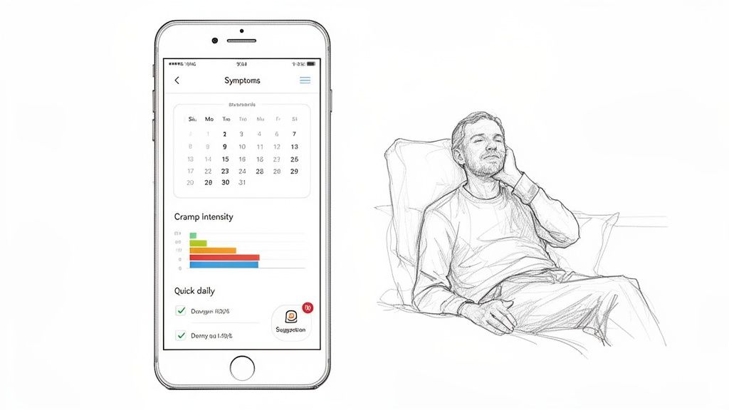Mobile phone app tracking symptoms like cramp intensity, next to a sketch of a man in discomfort.