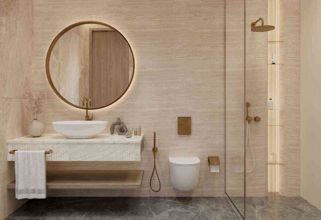 A modern bathroom featuring a round mirror above a sleek sink, designed in the Ocean Crest style.
