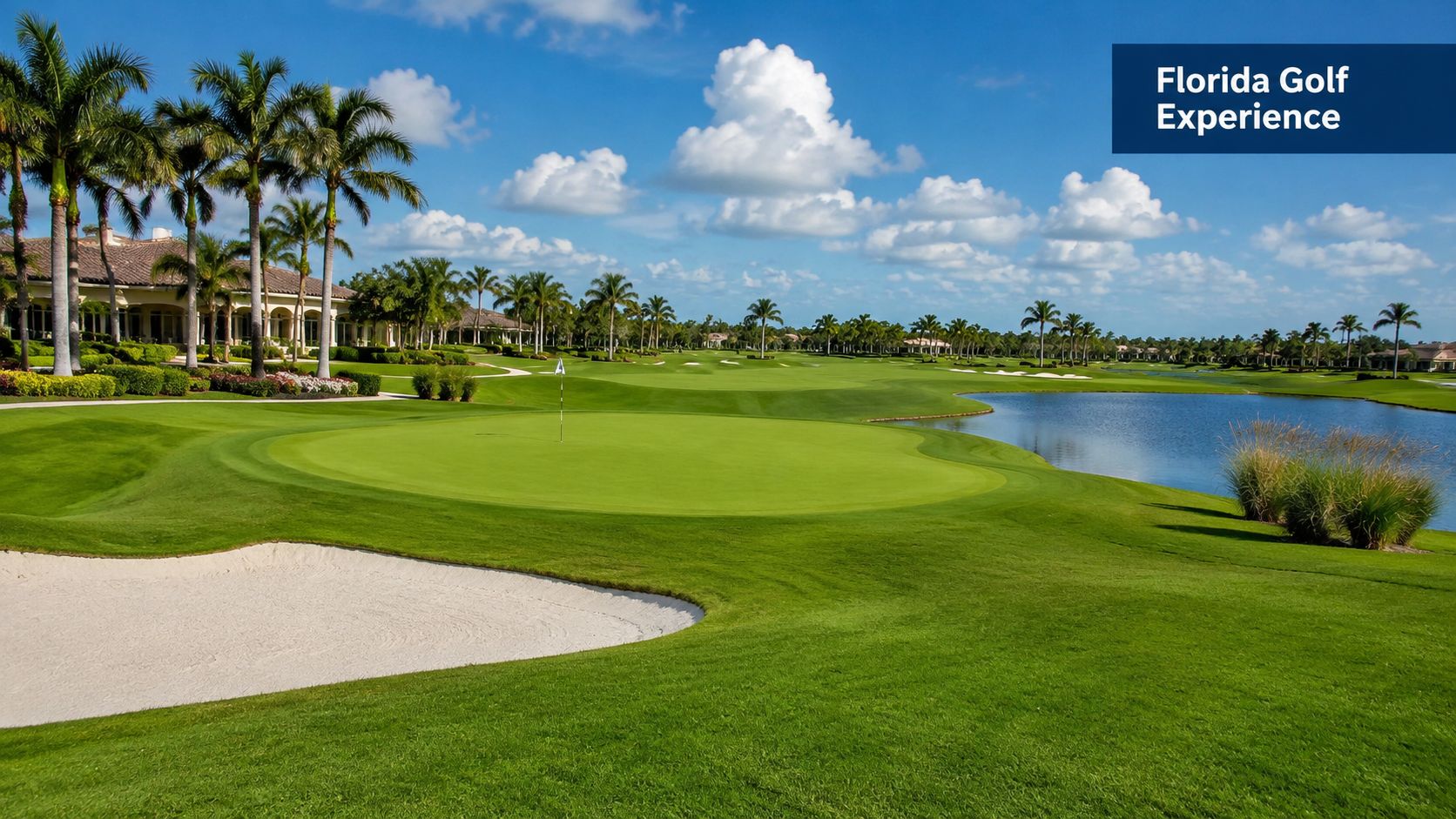 A scenic view of a vibrant green golf course in Florida with palm trees and a pond.