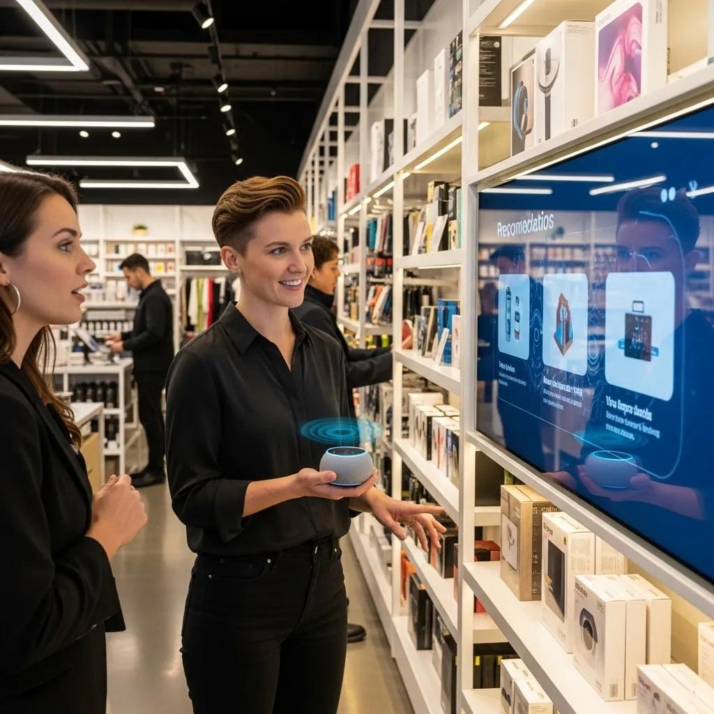 Retail environment featuring AI sales automation with a salesperson and customer interaction