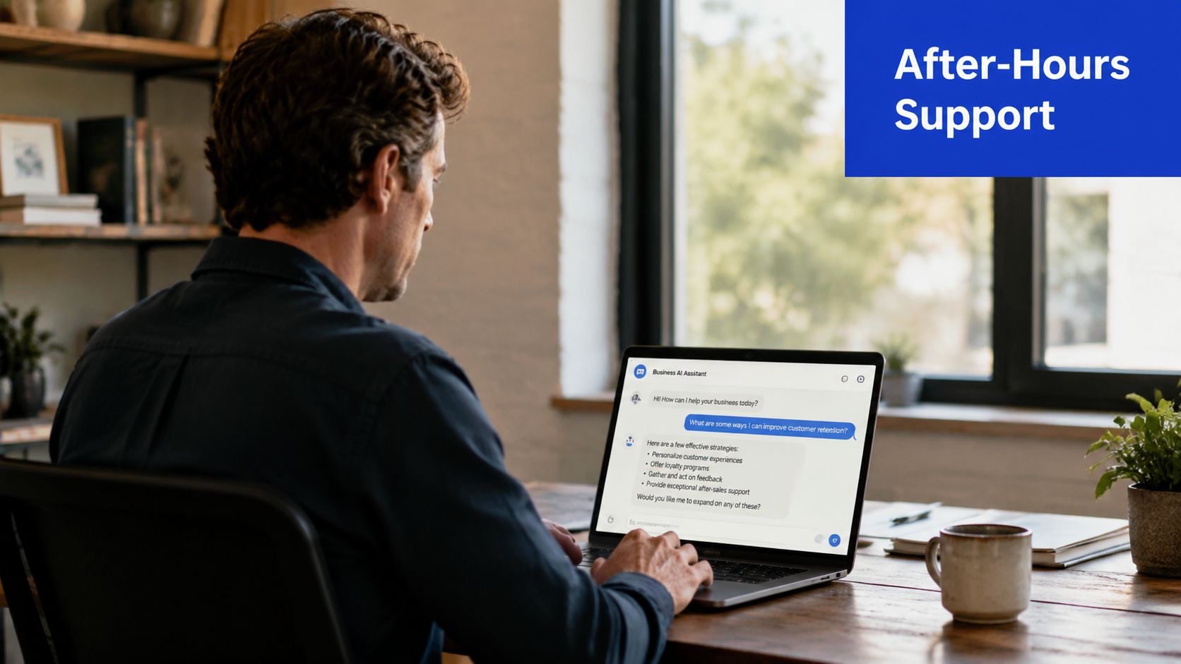 A professional man sitting at a desk while using an AI chatbot for customer service business assistance.