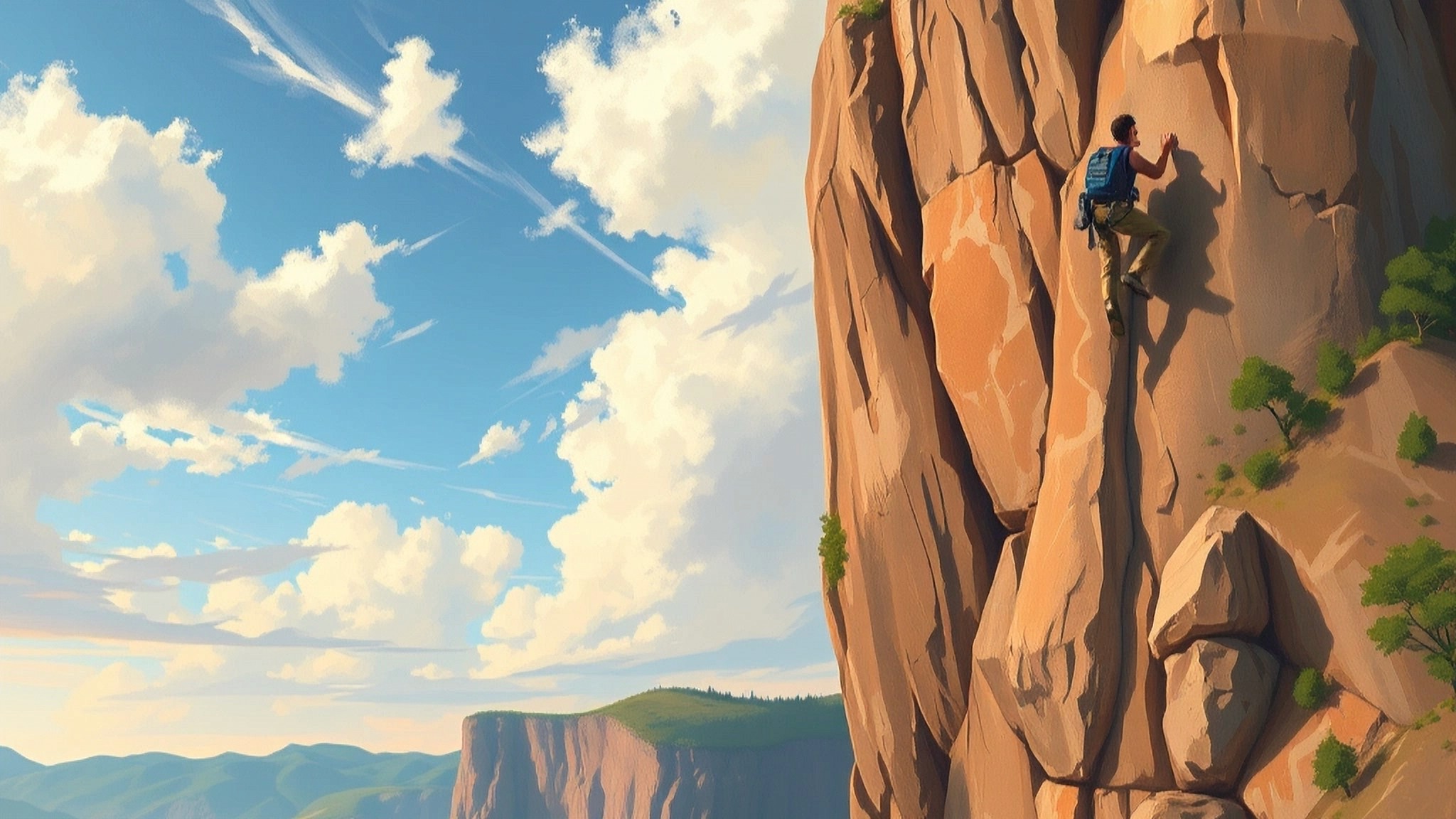 Illustration of a lone climber part-way up a tall cliff face under an open sky