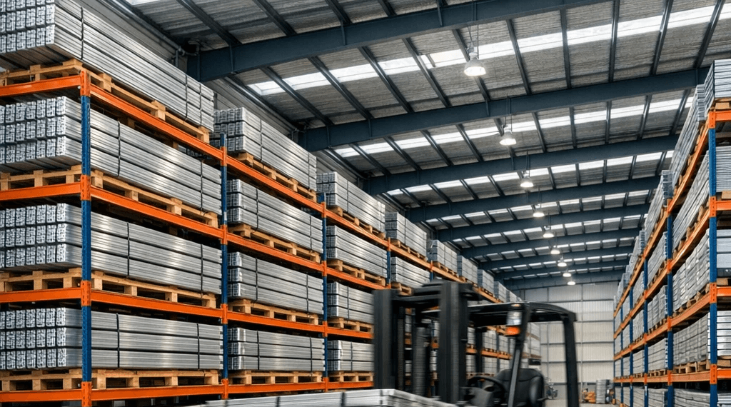 aluminium warehouse in Australia with stacked aluminium extrusions and pallets