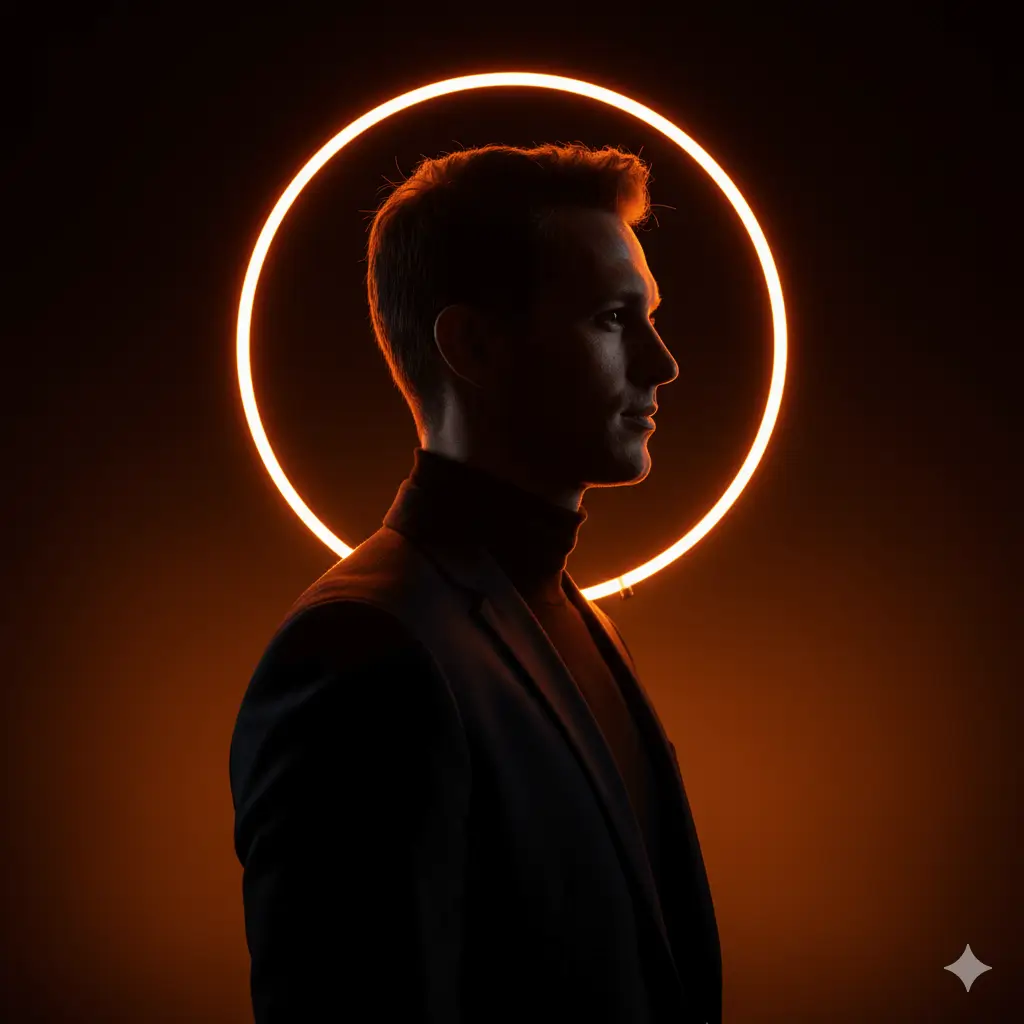 AI-generated neon glow male portrait with artistic profile view, man in silhouette against glowing orange neon circular ring light, minimalist modern aesthetic with dramatic side-profile lighting by Mahendra