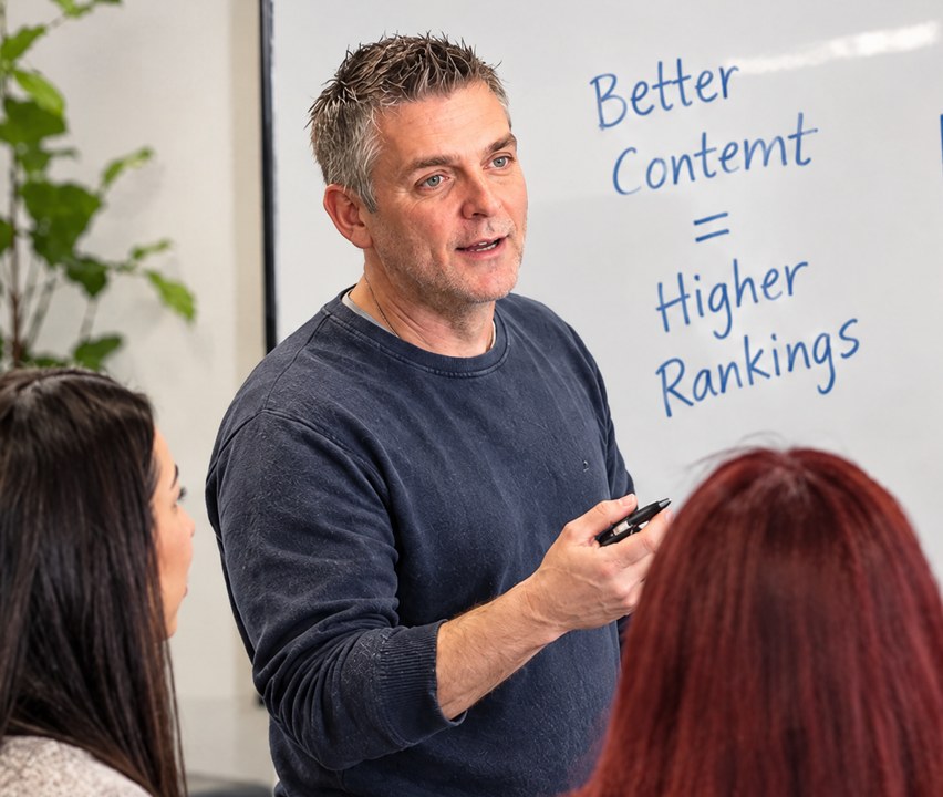 Man presenting at a whiteboard to two colleagues