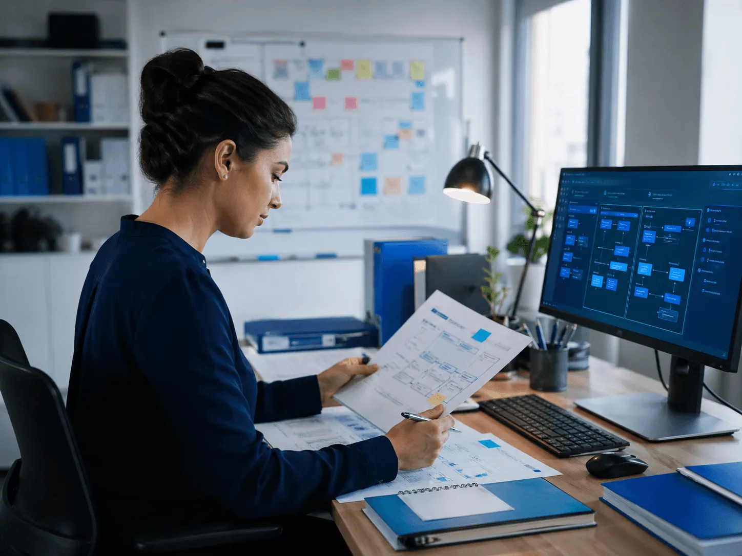 Operations professional reviewing workflow plans and internal processes in a modern workspace.
