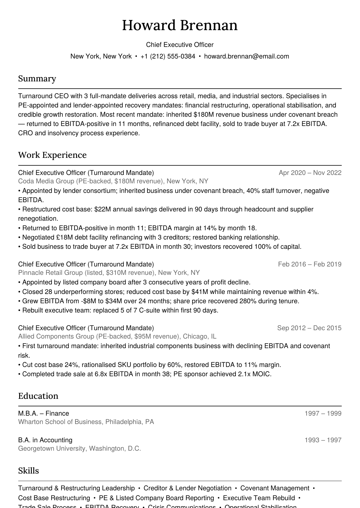 Turnaround CEO resume example