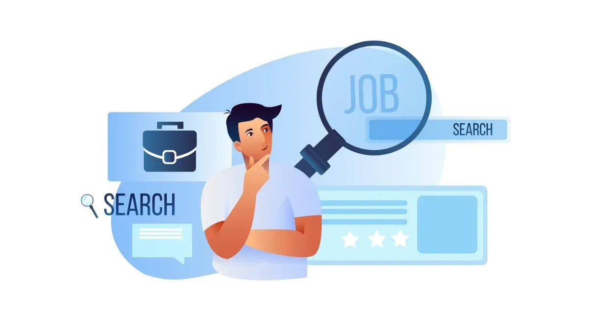 Illustration of a person surrounded by job search icons like magnifying glass, briefcase, and search bar, symbolizing reverse recruiting and modern hiring practices.