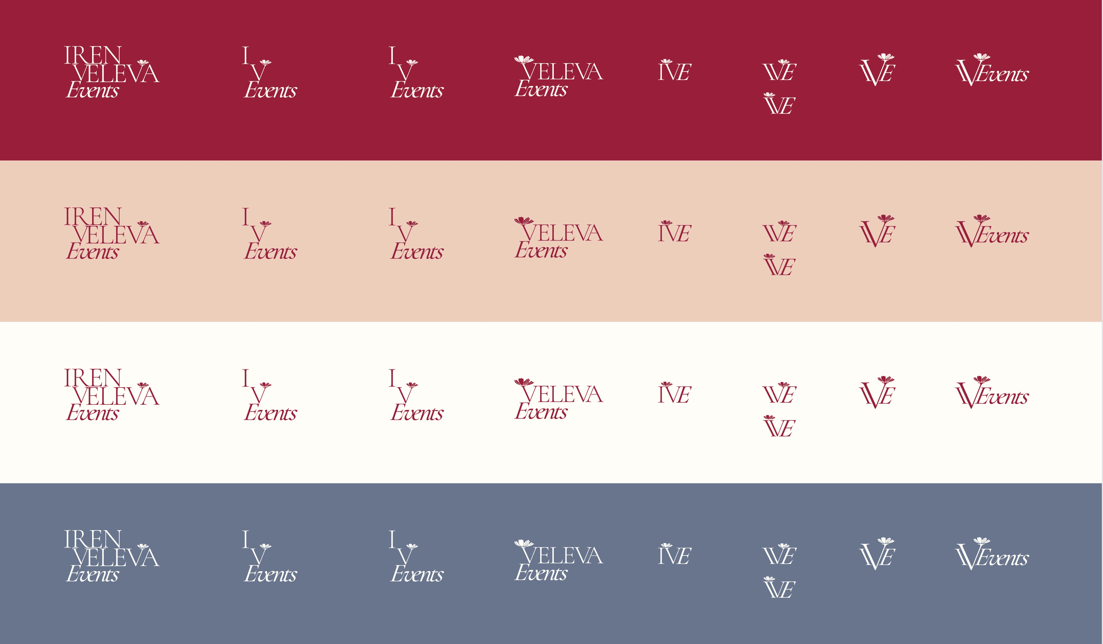 Третата лого вариация за Iren Veleva Events включва серия от wordmark и монограмни комбинации с елегантна серифна типография и флорален символ. Тази страница изследва множество лого подредби (“Iren Veleva Events”, “IVE”, “VE”, “VEvents”) и различни цветови решения, използвани при разработването на бранд идентичност.