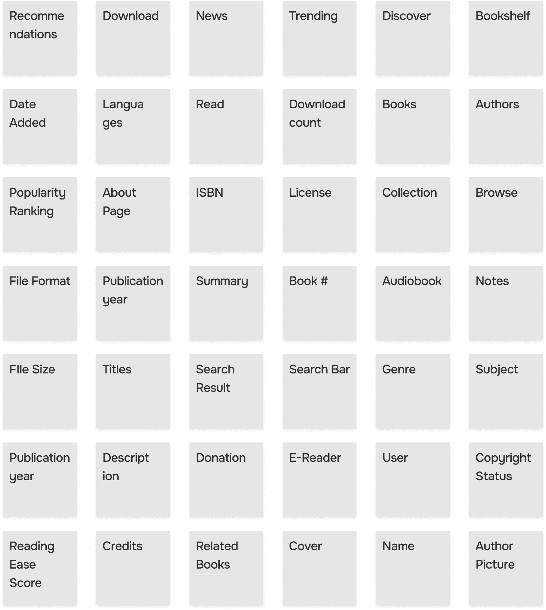 Sticky notes with nouns found on the website