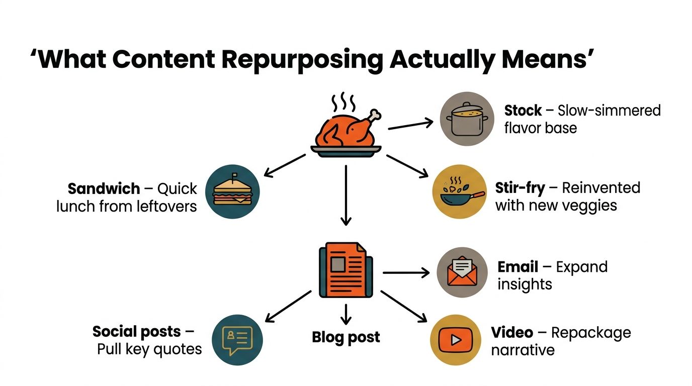 An infographic illustrating content repurposing by comparing culinary leftovers to transforming a blog post into other formats.