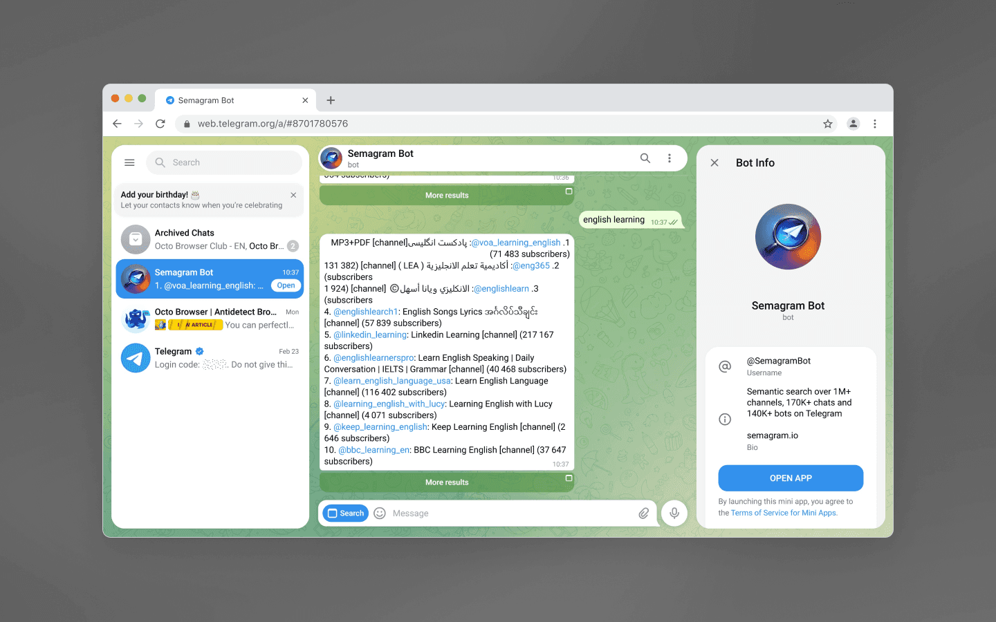 Using Telegram search bots