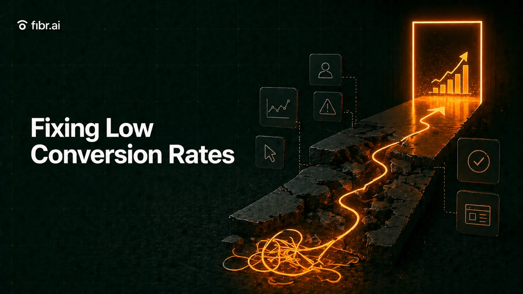 Low conversion rate optimization visual showing a broken user journey repaired into a clear path leading to growth, with improved engagement signals and rising performance metrics