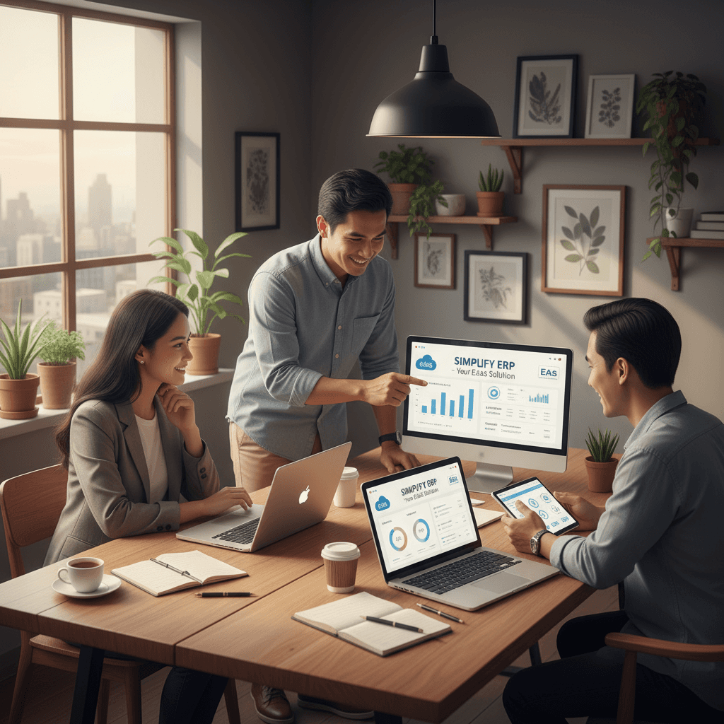 Pemilik bisnis UKM di Indonesia tersenyum menggunakan dashboard ERP modern dari TILabs