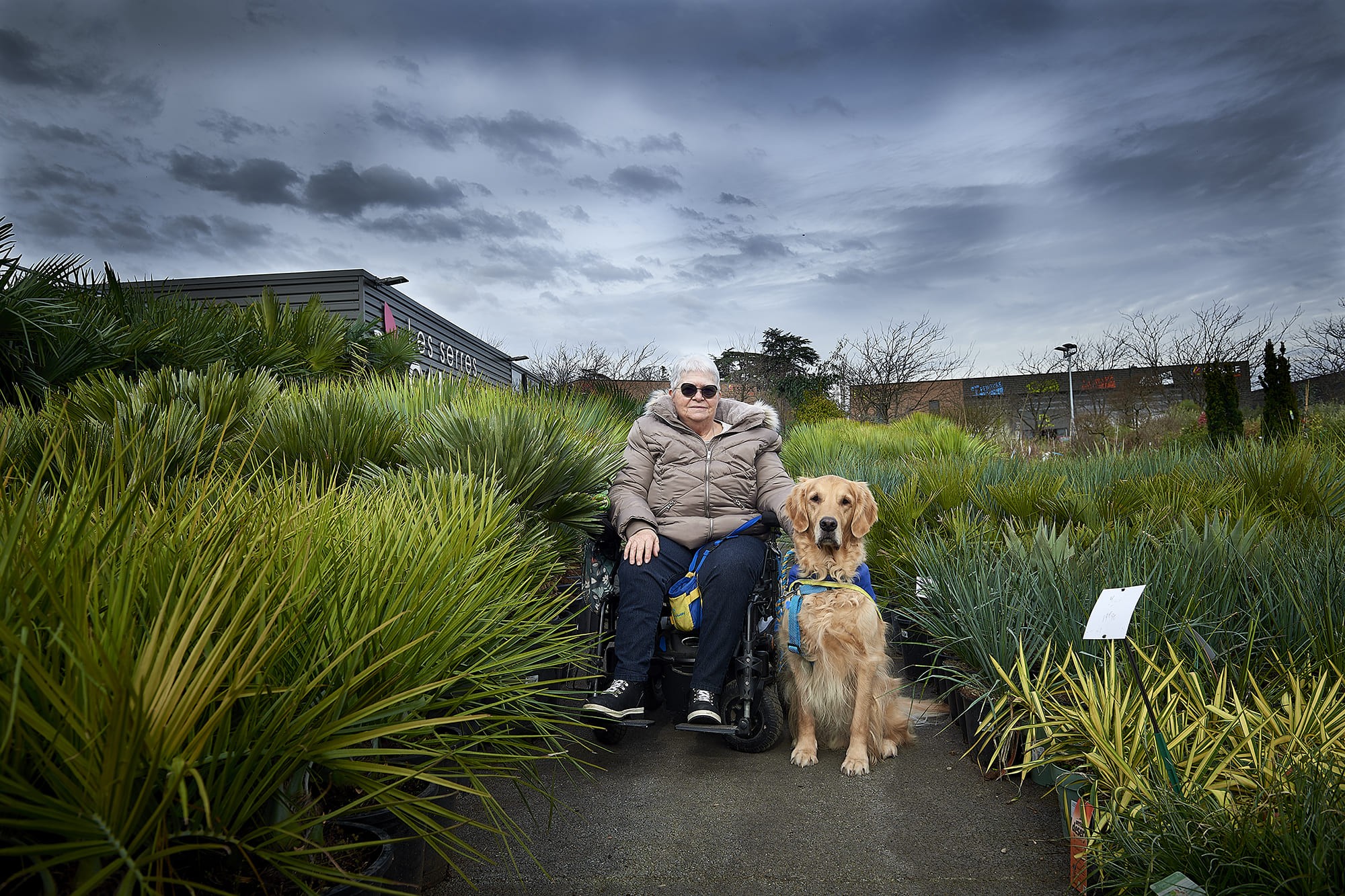 Jacqueline accompagnée de son chien d’assistance Nanco, photographiés par Frédéric Bourcier dans le cadre d’un reportage documentaire social pour Handi’Chiens aux Serres Caladoises.