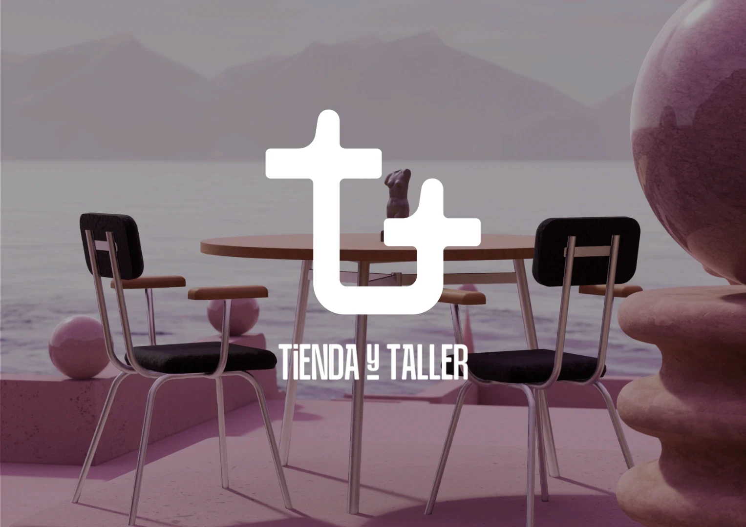 Tienda y Taller brand identity cover — table and chair 3D scene with logo overlay