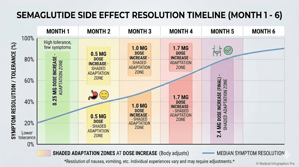 How long semaglutide side effects last showing resolution timeline over six months