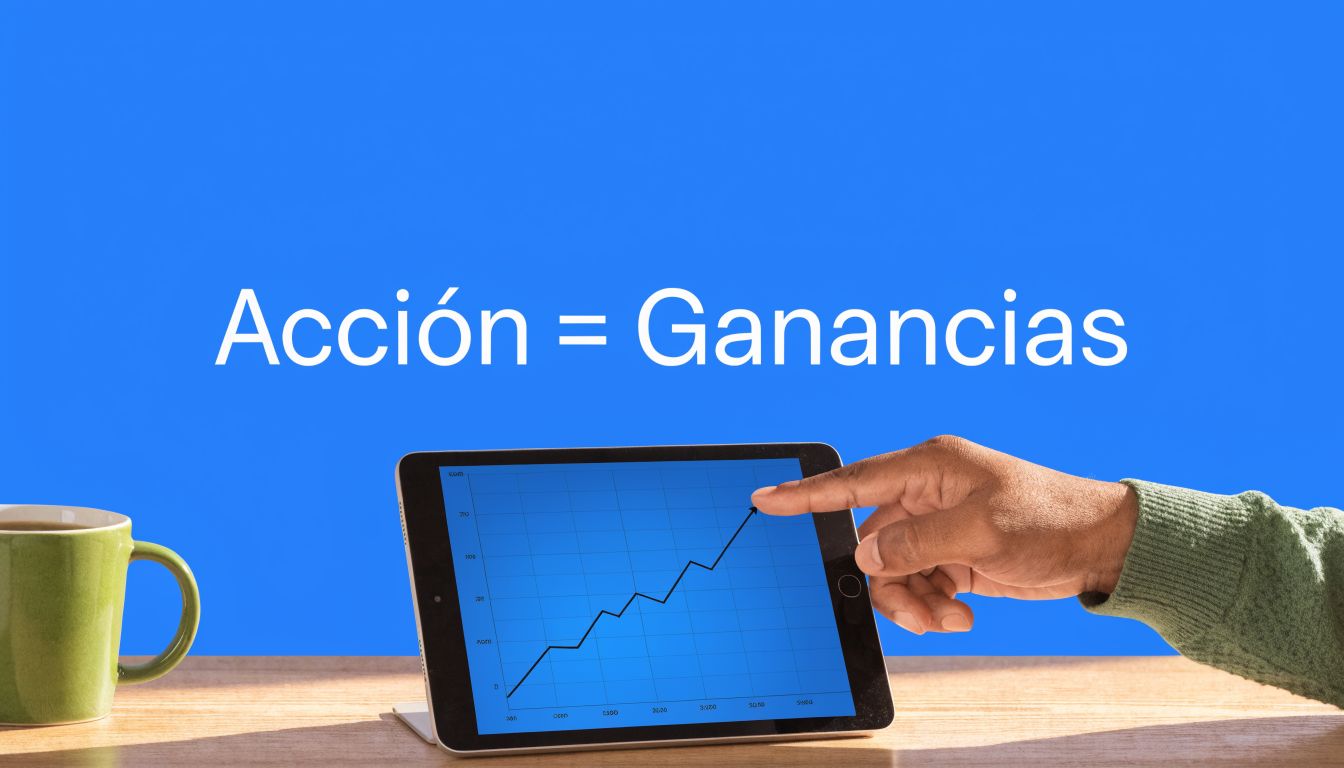 Una mano señalando una gráfica ascendente en una tablet sobre una mesa con una taza de café.