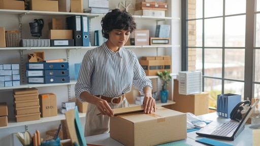 Woman preparing an order in her workspace while reviewing business turnover and advance tax details.