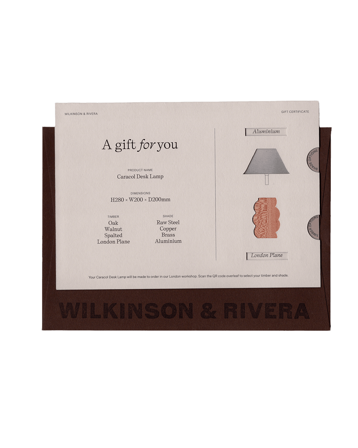 Caracol Desk Lamp Gift Card with Wilkinson & Rivera stamped envelope open