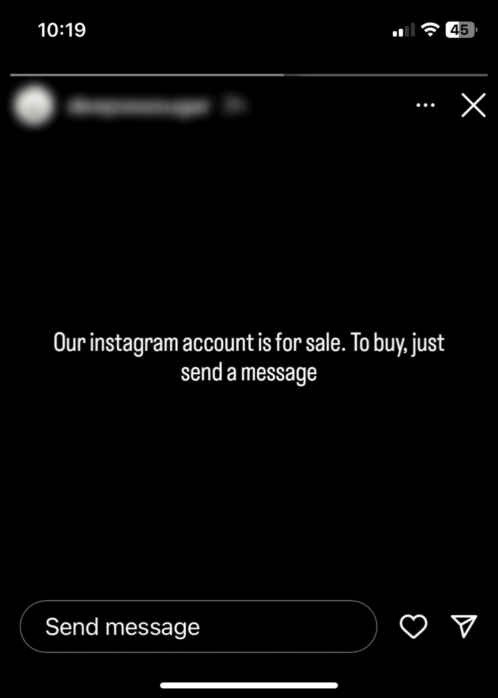 Screenshot of an instagram post saying "Our account is for sale, to buy, just send a message"