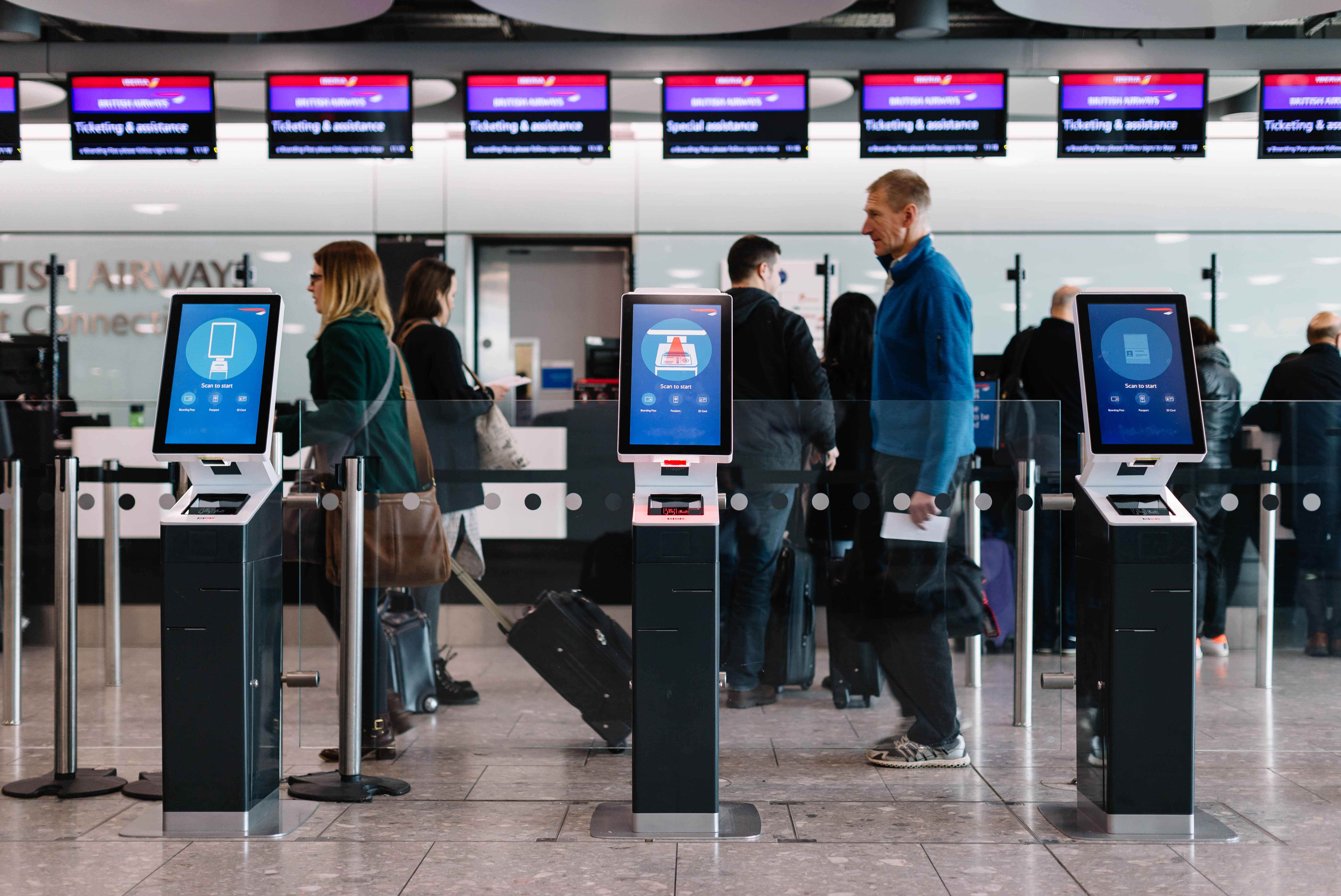 British Airways photo of a set of kiosks at terminal 5