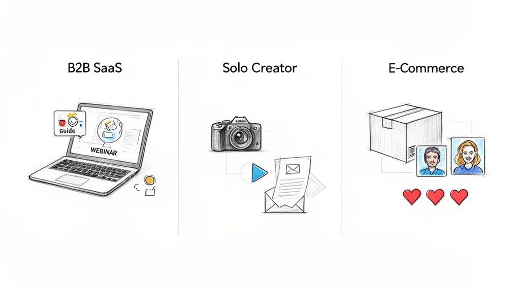 Illustration showing content marketing strategies for B2B SaaS, Solo Creators, and E-commerce businesses.