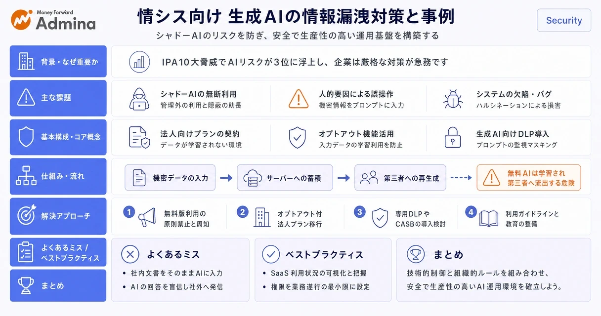 生成AIやChatGPT利用時における情報漏洩リスクと、企業が実施すべき具体的なセキュリティ対策のポイントをまとめた解説図。