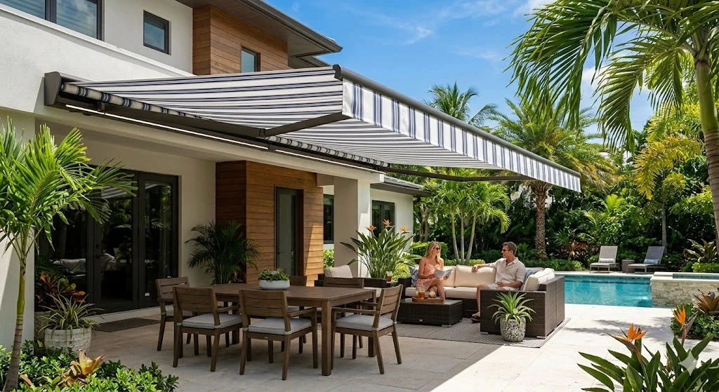 Retractable and fixed awning installation on a Fort Lauderdale residential and commercial property — Planet Construction FL