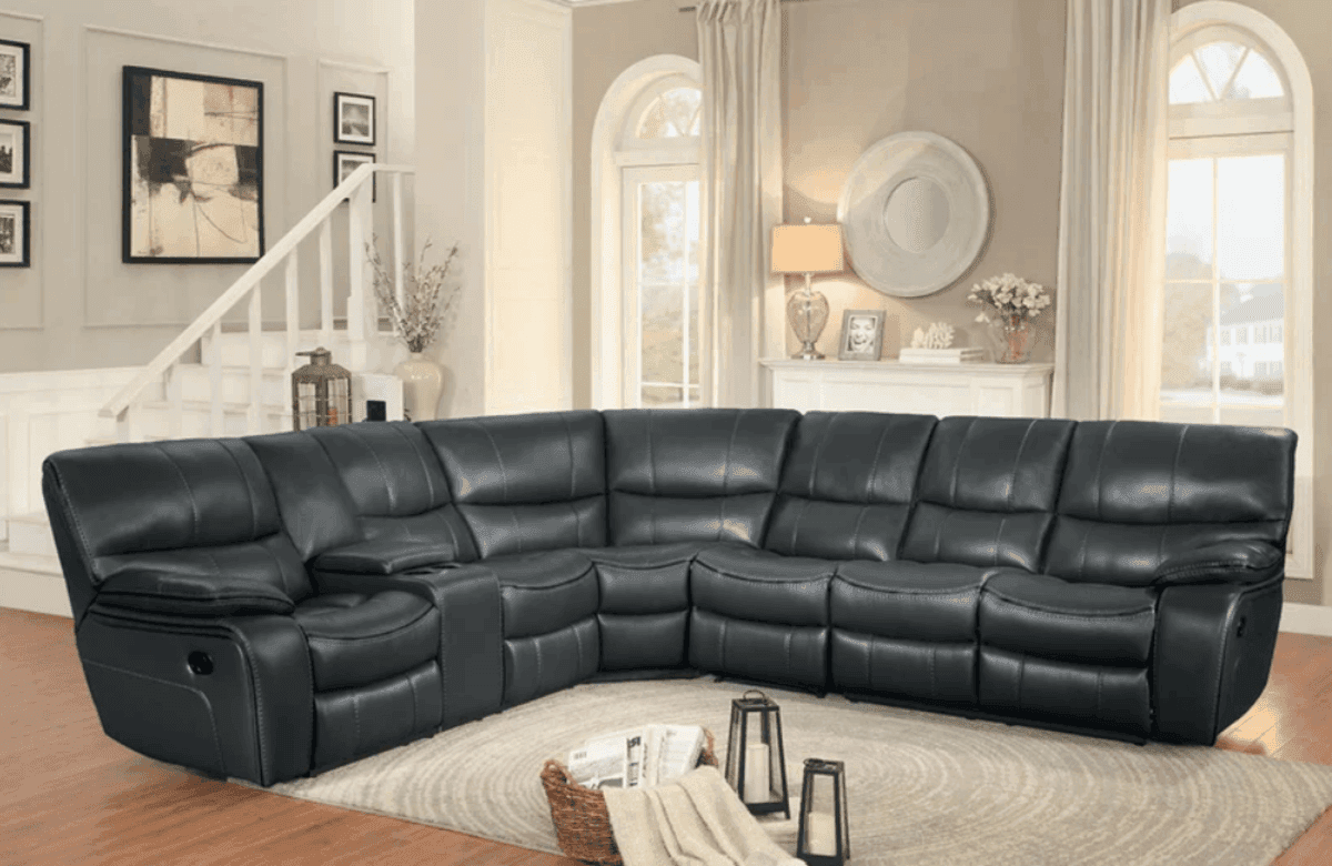 Black leather Homeglance Pecos manual reclining sectional in a traditional living room with stairs & classic decor